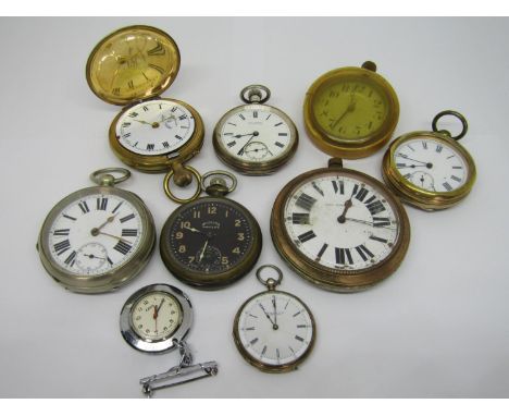 A mixed collection of antique and later pocket watches to include a silver fob watch, Ingersoll Radio Light gun mental watch,