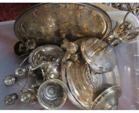 A box containing a large collection of silver plated items to include entree dishes, candelabra, flatware, etc 