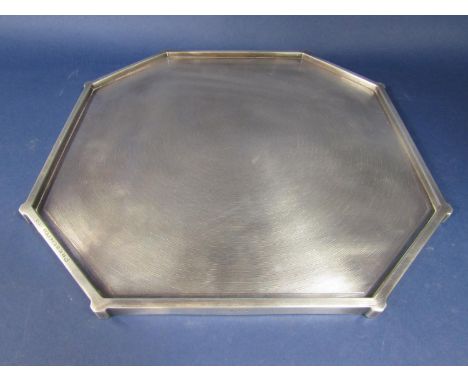 Good quality 1920s Britannia silver engine turned presentation tray with inscription 'Presented to Mrs S Barber by the Office