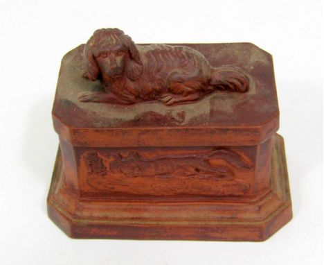 19th century terracotta box and cover, German, the main panels depicting fox, hunting dogs, etc, to the lid a recumbent hound