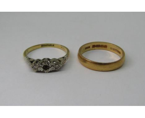 22ct wedding ring, size P, 3.8g and an 18ct diamond set ring (centre stone vacant), size N/O, 2.6g (2) 