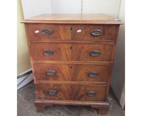 Small 19th century mahogany chest of four long drawers with brass plate handles and bracket supports, 62 cm wide 