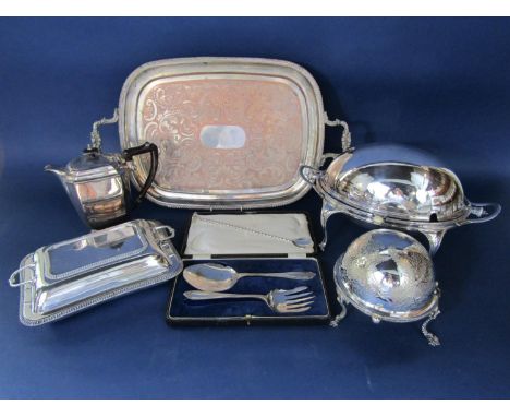 A mixed collection of silver plated items comprising a good quality silver plated revolving entree dish with twin handles and