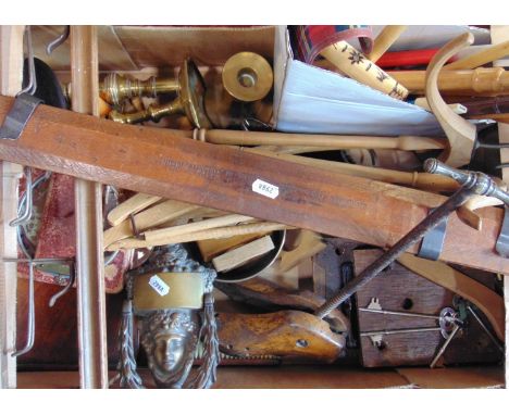 A large box of interesting items comprising a maiden head bronze door knocker, various recorder, miscellaneous treen wares to