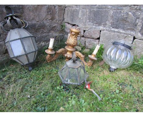 A gilt wood three branch electrolier with acanthus detail together with an octagonal hanging porch lantern moulded glass pump
