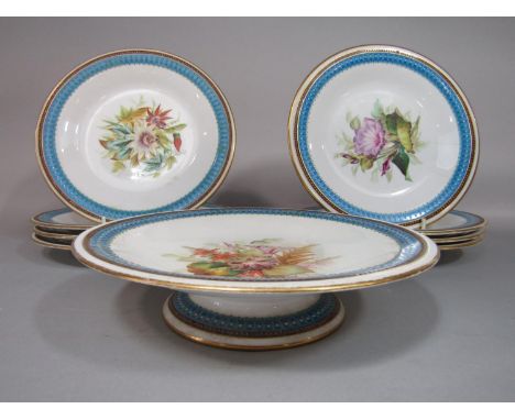 A collection of late 19th century Royal Worcester dessert wares with painted botanical sprays within turquoise borders compri