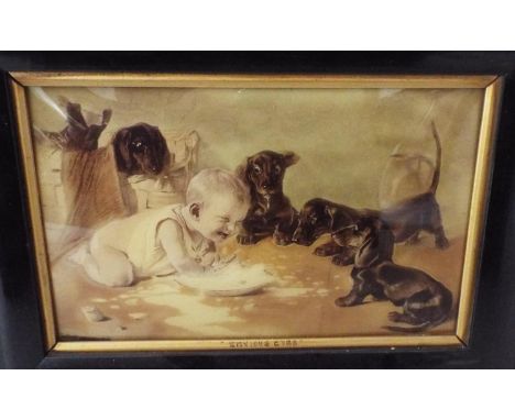 A late 19th century crystolean - Envious Eyes, showing a baby surrounded by Dachshunds, 15 x 24.5cm approx, together with a f