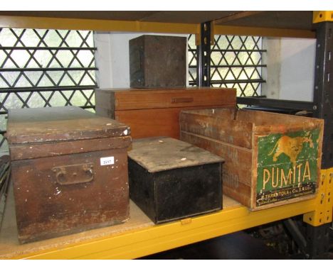 A vintage stained pine carpenters work box and tools therein, a walnut chest with hinged lid and exposed dovetail constructio