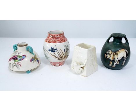 A mixed ceramic group, dog and wildlife orientated, including square Worcester cut tapering vase surmounted by a frog, a Mint