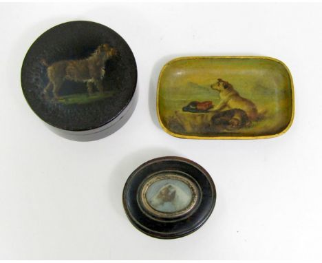 19th century oval timber trinket box - the lid enclosing a painting of a Scots Terrier within a white metal frame, 7cm, toget