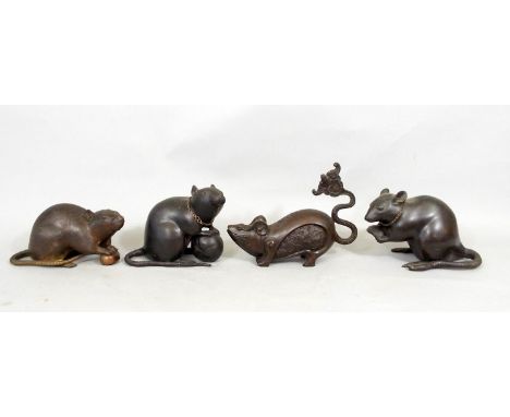 Four oriental bronze figures of rats, 11cm high max 
