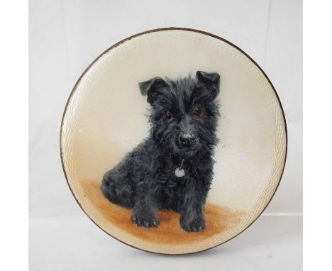 A good quality silver compact with guilloch enamel decoration of a black Scottie type pup, seated, maker Henry Clifford Davis