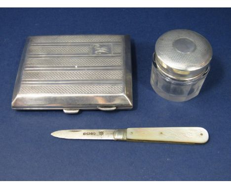 Mixed collection of silver comprising engine turned cigarette case, pearl handled fruit knife with silver blade and silver li