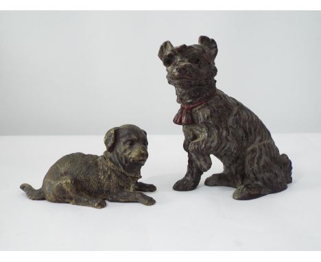 A Victorian bronze inkwell in the form of a terrier, with hinged neck, together with a further Victorian example with lozenge