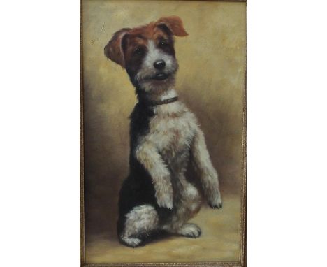Mid-20th century - Study of a begging terrier, oil on board, unsigned, 40.5 x 24.5cm approx, framed, together with a Minton c