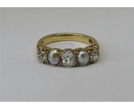 Good quality antique 18ct pearl and diamond five stone gypsy ring with scrolled mount, setting width 1.6cm approx, size L, 4.