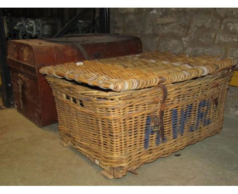 A vintage wicker laundry basket/hamper together with a Victorian domed top tin trunk with leather straps, small folding occas