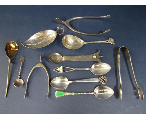Good collection of novelty silver spoons to include a planished coffee spoon by Ruth Prail, silver and guilloche enamel coffe