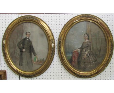 R W Salter (mid-19th century British school) - Pair of three quarter length portraits of a lady and gentleman understood to b