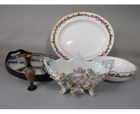 A Royal Worcester Holly Ribbons pattern bowl, 23cm, diameter, together with a matching oval meat plate, 44cm diameter, a 19th