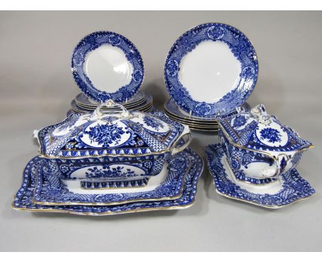 A collection of early 20th century John Steventon blue and white printed dinnerwares comprising a two handled tureen, cover a