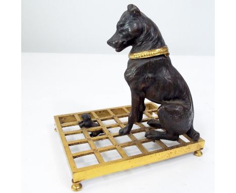 Good quality 19th century bronze ink stand in the form of a hound watching a rat coming through a brass grilled base, the hin