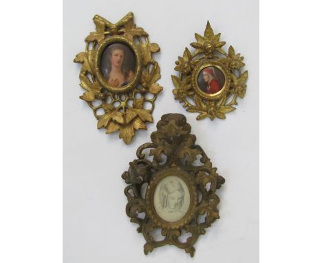 19th century continental school miniature portrait, bust length study of a long haired female character looking to the heaven