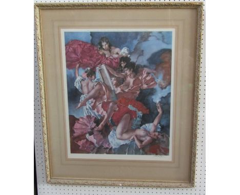 Sir William Russell Flint RA (British 1880-1969) - Group of female characters admiring a painting, signed coloured print, pub