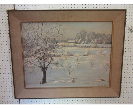 Franklin D Poole (20th century school) - Winter landscape with trees and distant buildings, oil on board, signed, 44 x 60cm, 