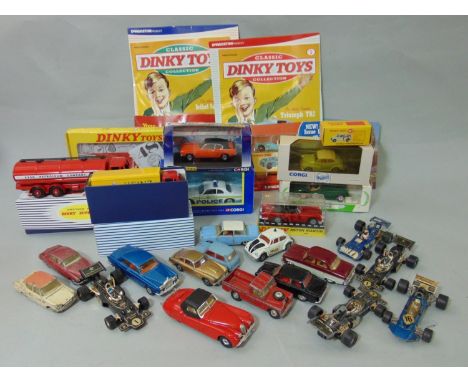 A box containing a quantity of toy cars, including some vintage Corgi examples, a box of Dinky Toys including European road s