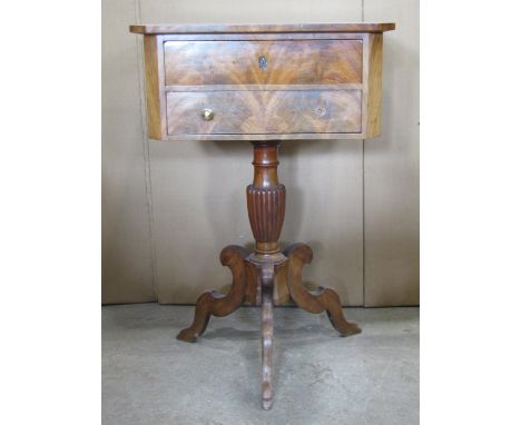 A 19th century sewing/work table, the rectangular top with canted corners over two frieze drawers raised on a reeded vase sha