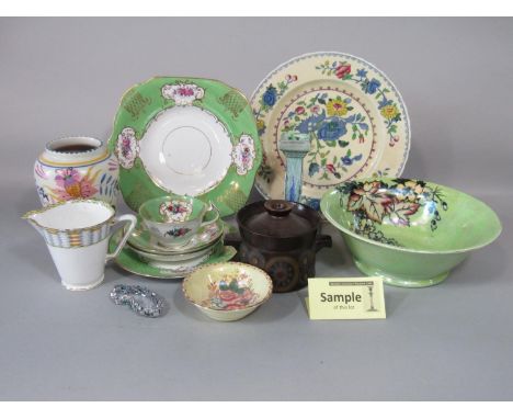 A collection of Wetley China green ground tea wares with floral detail including a pair of cake plates, milk jug, sugar bowl,