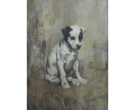 Sir George Pirie PRSA (Scottish 1864-1948) - Study of a seated brown and white pup with patch over its eye, oil on canvas, si