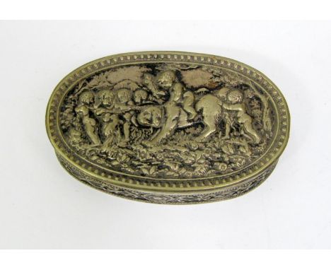 A continental white metal 800 standard oval snuff box and cover, the lid showing cherubs riding and coaxing a large hound, wi