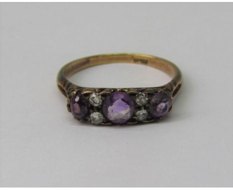 18ct amethyst and diamond ring with scrolled mount, size R/S, 3.5g 