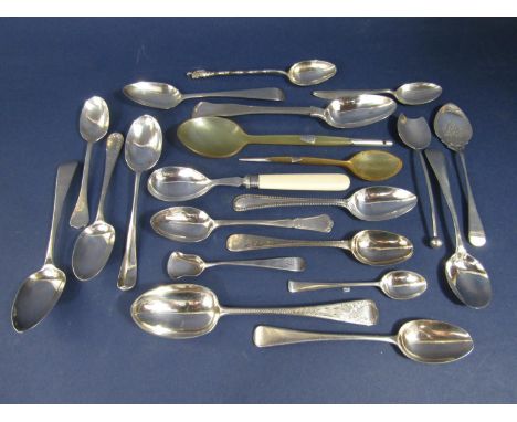 A large collection of various antique silver teaspoons, to include engine turned and bright-cut examples, 11 oz gross approx 