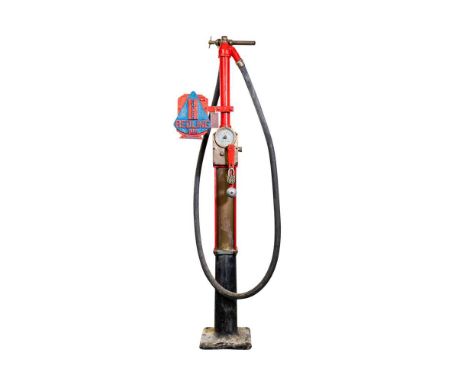 An older restoration with Redline Super Plus cast brand plate, complete with hose and nozzle. 185cm tall.TELEPHONE BIDDING IS