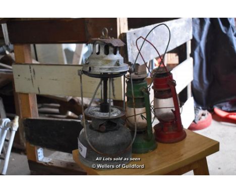 TILLEY LAMP AND TWO PARAFIN LANTERNS