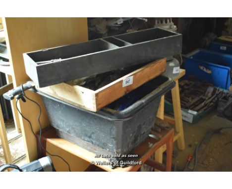 TWO WOODEN TRAYS OF WOODWORKING TOOLS, ETC.