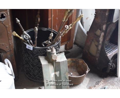 DECORATIVE METAL BUCKET CONTAINING A LARGE QUANTITY OF MAINLY BRASS FIRE COMPANION TOOLS