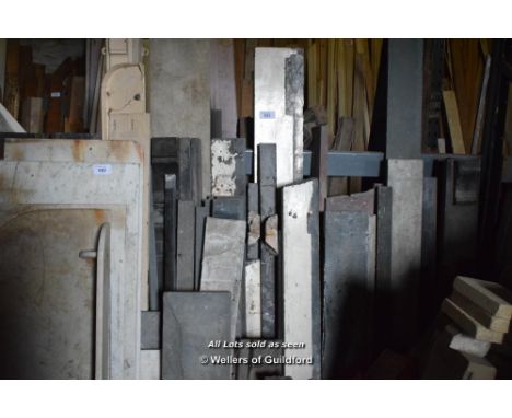 LARGE QUANTITY OF SLATE FIREPLACE COMPONENTS TOGETHER WITH AN ENAMEL FIREPLACE SURROUND