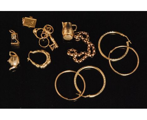 A small parcel lot of assorted gold charms, earrings and chain, total weight 22g. all A/F (13)