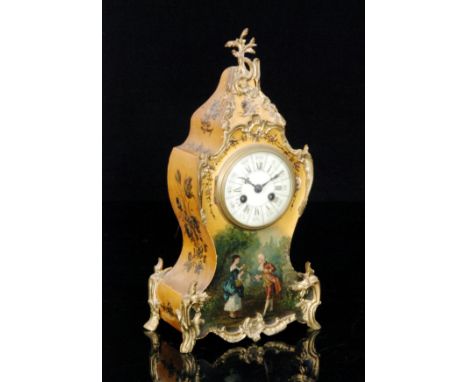 A 19th Century French painted and lacquered mantle clock, eight day striking movement, the case applied with gilt metal mount