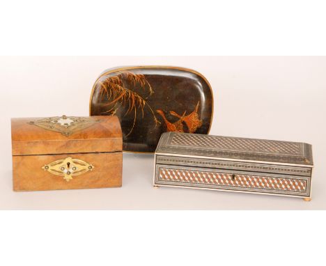 A 19th Century Anglo Indian glove box of parquetry inlaid design, width 29cm together with a Victorian walnut domed tea caddy
