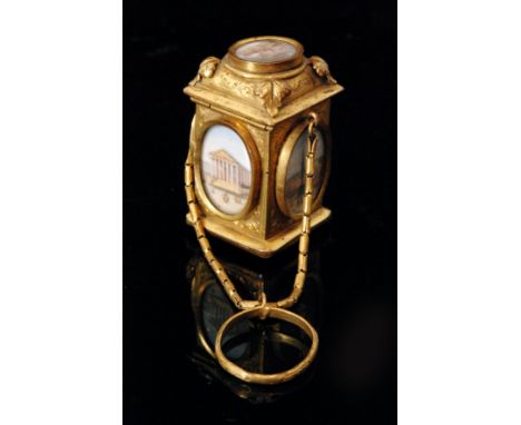 A 19th Century miniature Grand Tour gilt metal perfume casket, each side painted with an oval panel of Romanesque scenes and 