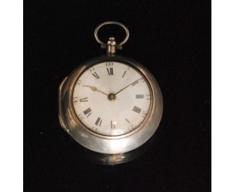 An early 19th Century white metal pair cased verge pocket watch, Egyptian pillars supporting part engraved back plate and pie