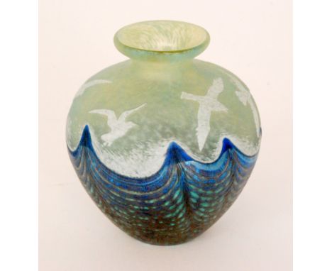 A contemporary cameo glass vase by Okra of ovoid form with a flared collar neck, cased to the shouldered with mottled opal ov