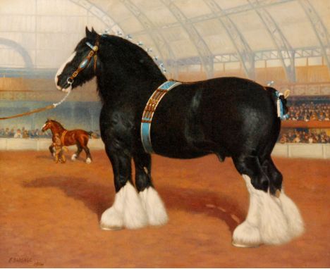 FRANK BABBAGE (fl. 1856-1916) - A portrait of the shire horse 'Danesfield, Stonewall 23214' in a show ring, oil on canvas, si