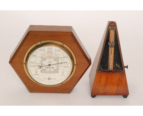 A Maelzel mahogany cased metronome together with a small octagonal aneroid barometer by Short and Mason, width 23cm (2)