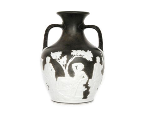 An early 19th Century Wedgwood Parian, black dipped Portland Vase decorated in the typical manner with relief applied scenes 